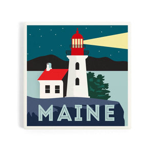 Maine Lighthouse Vector Style Ceramic Coaster, 4" X 4" Ceramic + Cork Backed Coastal Coaster, New England Trading Co