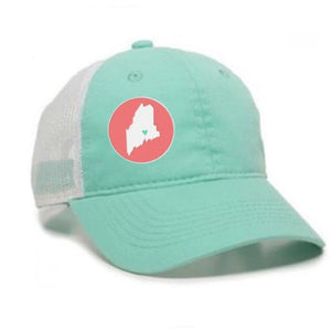 Mint green and white cap with a red circle featuring a map of Maine on a white background