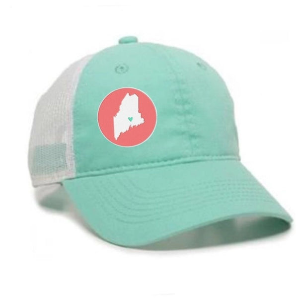 Mint green and white cap with a red circle featuring a map of Maine on a white background
