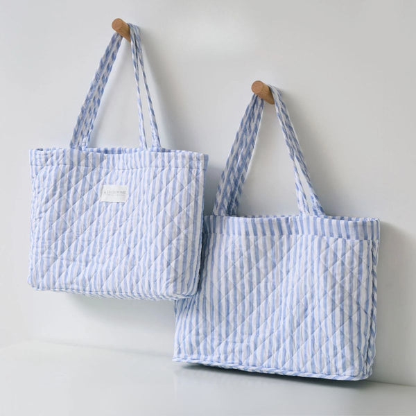 Blue Quilted Tote Bag, 18" x 13" Classic Stripes
