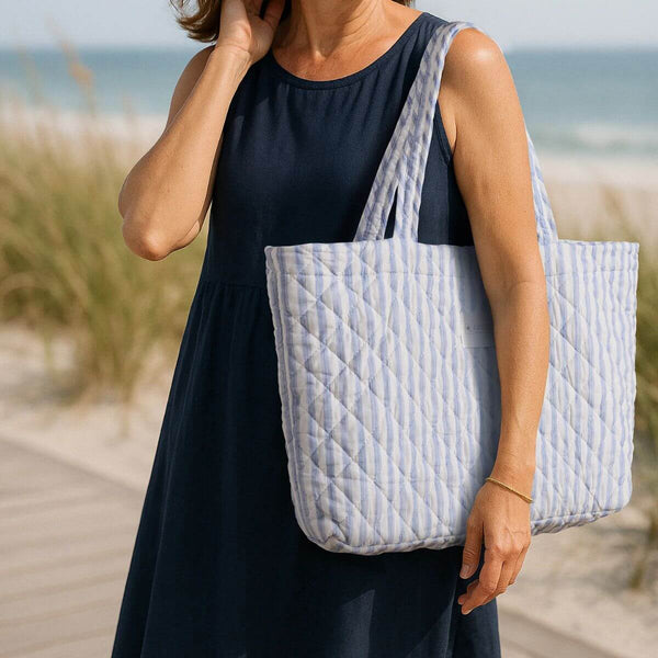 Martha Stripe Tote Bag, Quilted Tote, 18" x 13" Coastal Carryall
