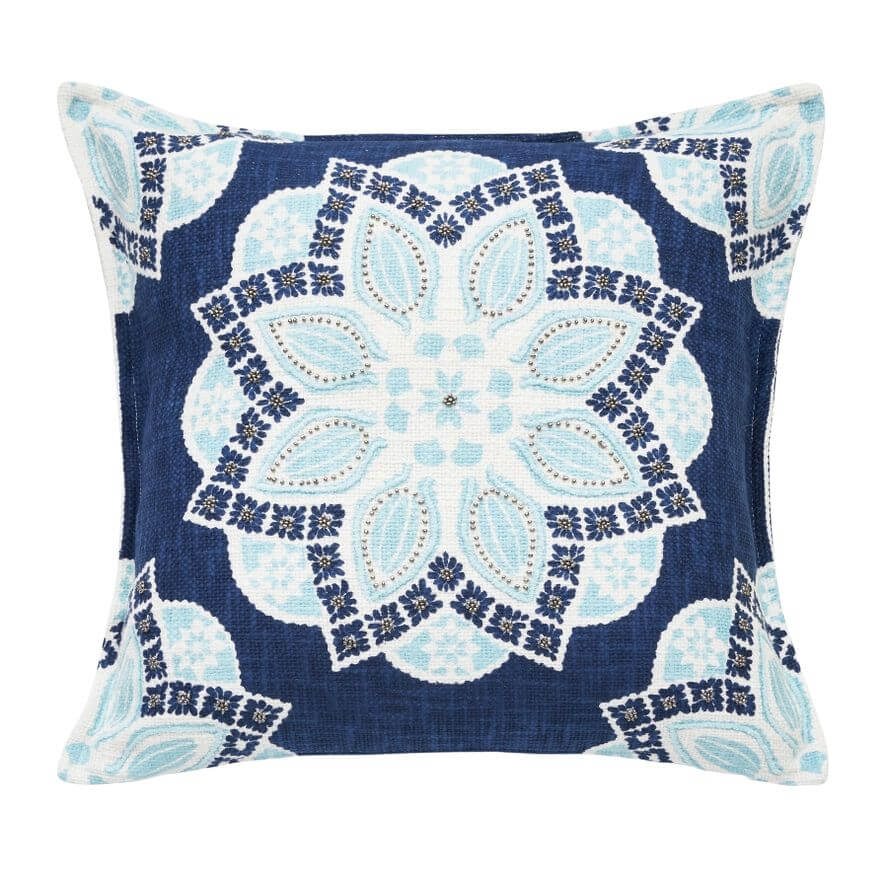 Coastal Floral Cotton Pillow, Indigo & Surf Coastal Accent (20 × 20), Decorative Coastal Pillow