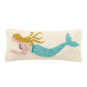 Mermaid hooked wool lumbar pillow in coastal tones
