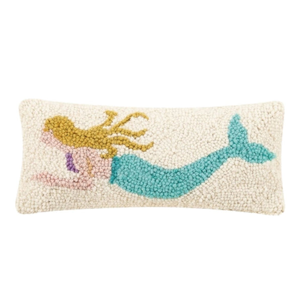 Mermaid hooked wool lumbar pillow in coastal tones