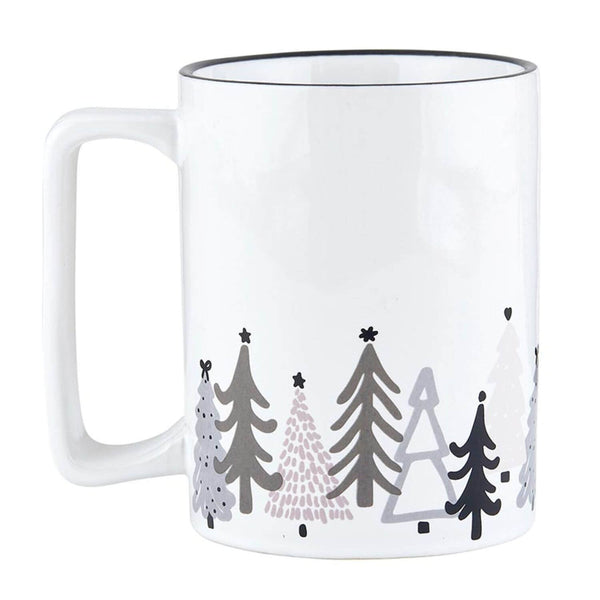 Festive holiday mug featuring a wraparound tree design with a smooth finish and square handle, ideal for coffee, tea, or cocoa during the holiday season.