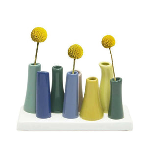 Modern 8 Tube Bud Vase, Pooley Vase Smoke Green