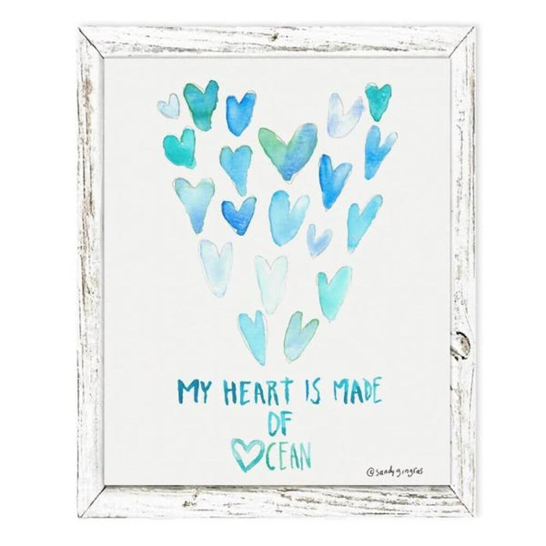 My Heart Is Made of Ocean 7.75 x 9.75 Coastal Art, Reclaimed White Wood Frame