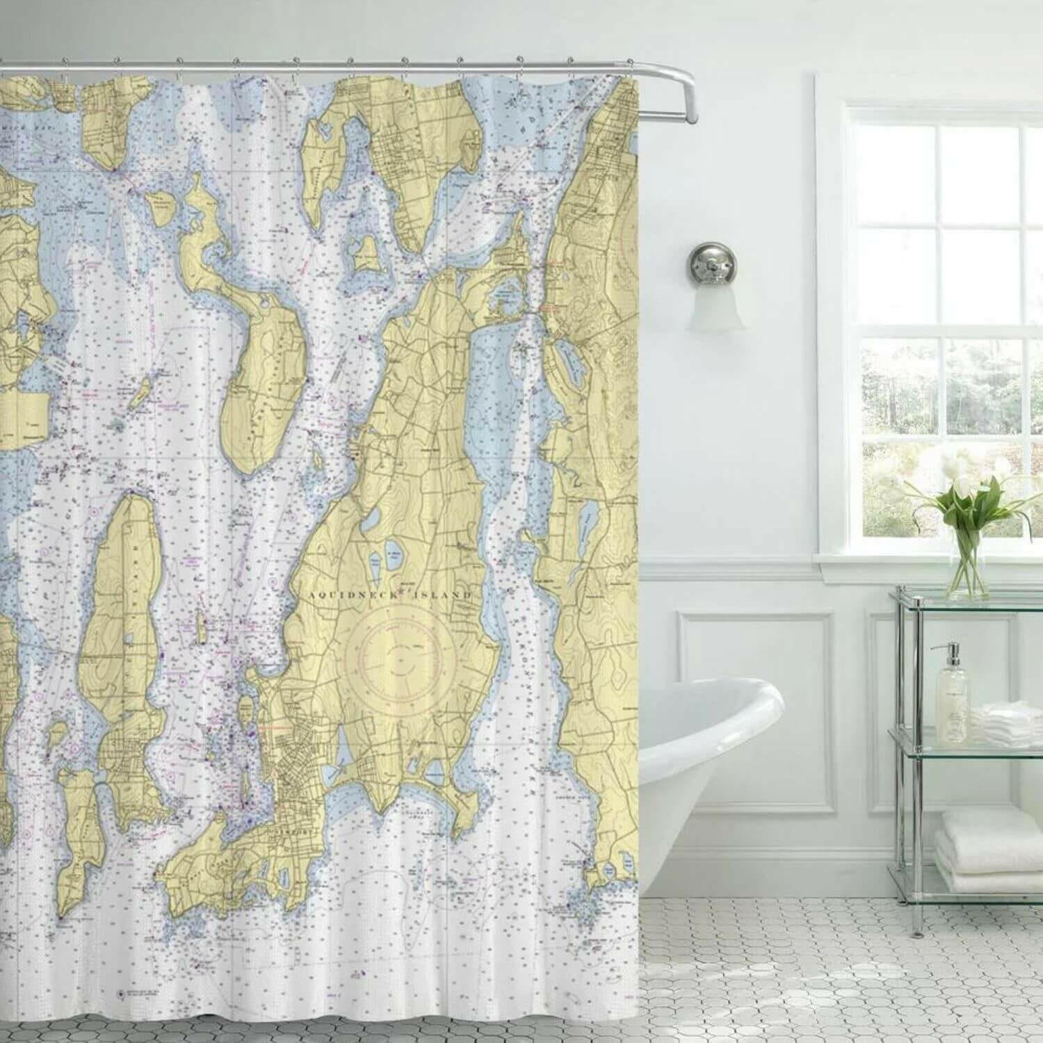 Narragansett Bay, RI Nautical Chart Shower Curtain / Made to shops Order