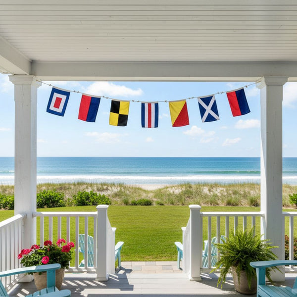 poly-blend nautical letter flags with wooden toggles and cord loops for easy hanging indoors or outdoors.”