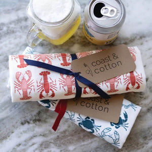 Colorful New England summer design on sustainable cotton tea towel, perfect for kitchen or gift