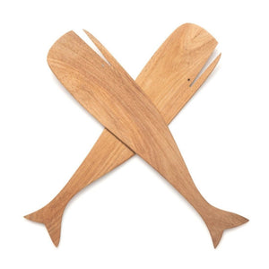 Nautical wood salad servers with whale design for coastal kitchen