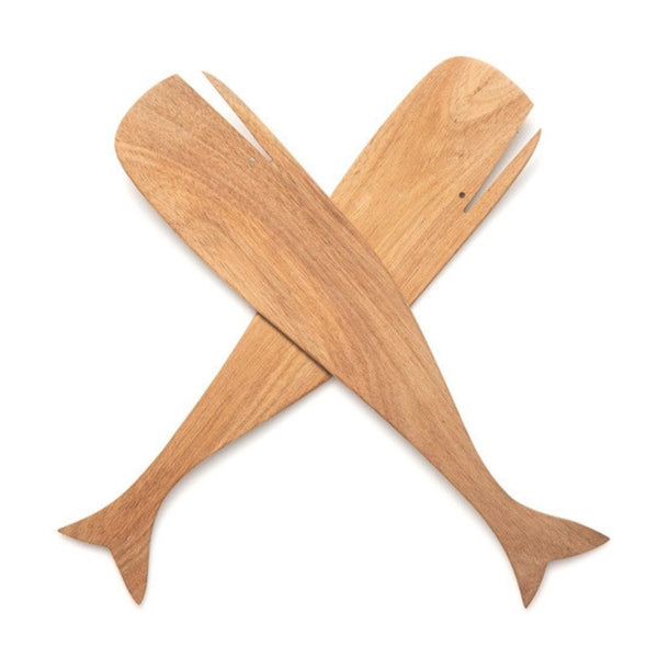 Nautical wood salad servers with whale design for coastal kitchen