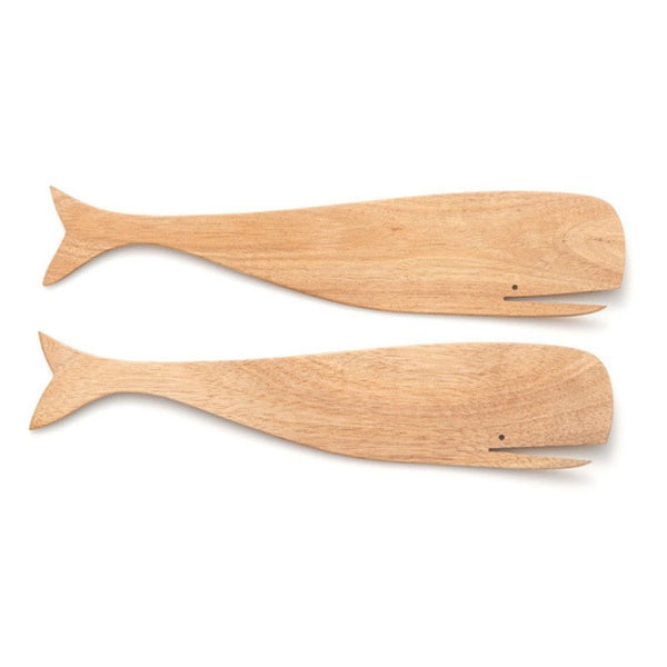 Whale-shaped wooden salad servers made from acacia wood