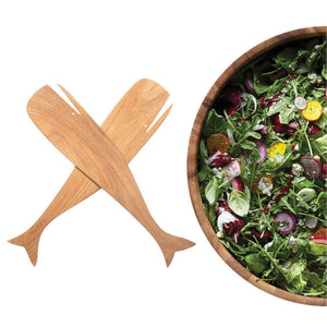 Acacia wood whale salad servers styled next to bowl of fresh salad