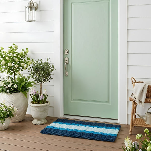 Navy Light Blue Seafoam Lobster Rope™ Doormat, Wicked Good Doormats®, Handwoven In Maine, Heavy Duty Weatherproof Outdoor Mat