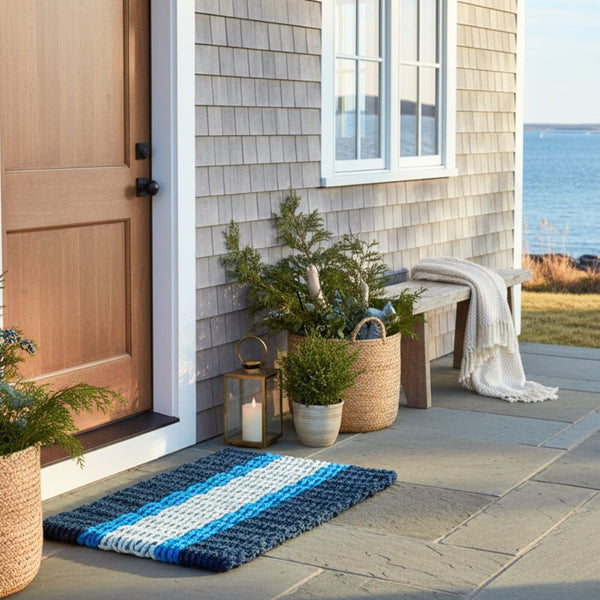 Navy Light Blue Seafoam Wicked Good Lobster Rope Doormat, Handwoven In Maine, Heavy Duty Weatherproof Outdoor Mat