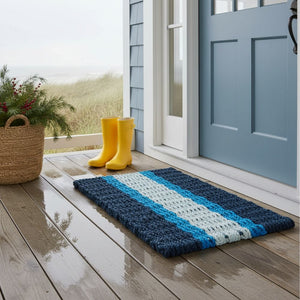 Navy Light Blue Seafoam Wicked Good Lobster Rope Doormat, Handwoven In Maine, Weatherproof Fast-Drying Outdoor Mat