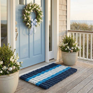 Navy Light Blue Seafoam Wicked Good Lobster Rope Doormat, Handwoven In Maine, Weatherproof Outdoor Mat For Year-Round Use