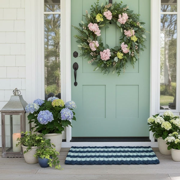 Navy and Seafoam Cabana Stripes Lobster Rope Doormat for Front Door, Weatherproof Outdoor Mat with Modern Striped Design