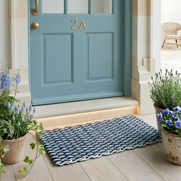 Navy & Seafoam Double Weave Lobster Rope™ Doormat, Wicked Good Doormats®, All-Weather Outdoor Door Mat, Made in Maine