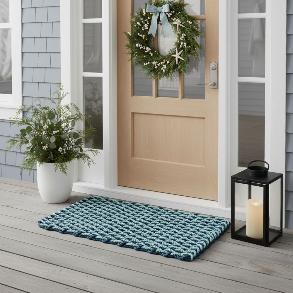 Navy & Seafoam Double Weave Doormat | Lobster Rope Mats | New
