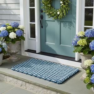 Navy And Seafoam Double Weave Wicked Good Lobster Rope Doormat, Nautical Rope Mat, Weatherproof Outdoor Mat Made In Maine