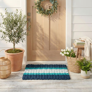 Navy Teal Seafoam Wicked Good Lobster Rope Doormat, Coastal Entryway Decor For Beach Homes, Heavy Duty Outdoor Mat Made In Maine