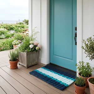 Navy, Teal, Seafoam Lobster Rope Doormat At A Front Door, Wicked Good Doormats™, Coastal Outdoor Doormat, All-Weather Mat, Fast-Drying Outdoor Rug, Made In Maine