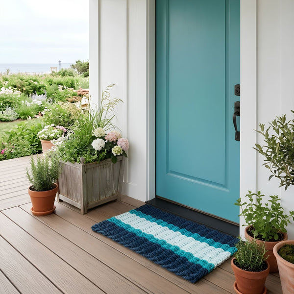 Navy, Teal, Seafoam Lobster Rope Doormat At A Front Door, Wicked Good Doormats™, Coastal Outdoor Doormat, All-Weather Mat, Fast-Drying Outdoor Rug, Made In Maine