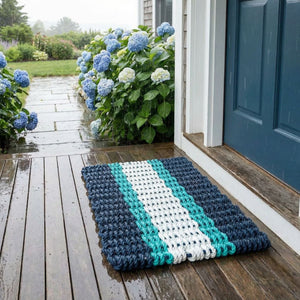 Navy Teal Seafoam Wicked Good Lobster Rope Doormat, Handwoven In Maine, Fast-Drying Heavy Duty Outdoor Mat