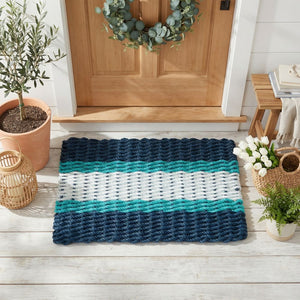 Navy Teal Seafoam Wicked Good Lobster Rope Doormat, Coastal Decor For Beach House Entryways, Weatherproof Outdoor Mat Made In Maine