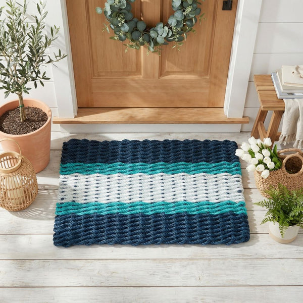 Navy Teal Seafoam Wicked Good Lobster Rope Doormat, Coastal Decor For Beach House Entryways, Weatherproof Outdoor Mat Made In Maine
