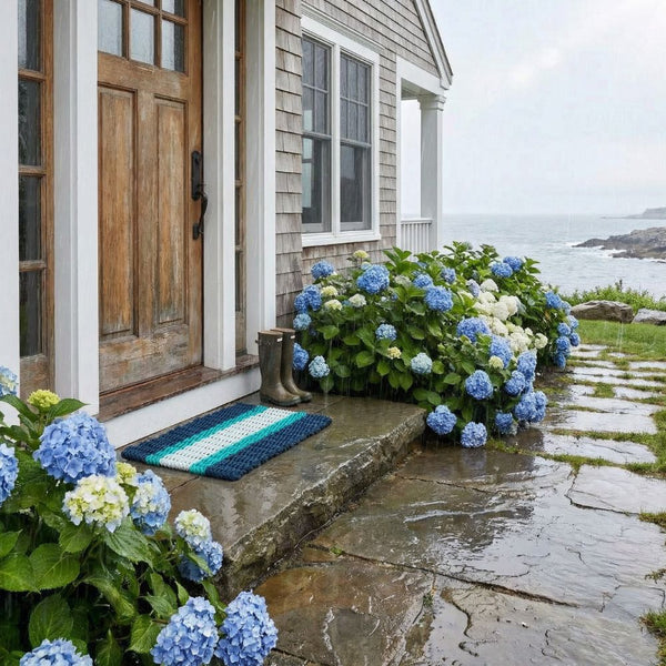 Navy Teal Seafoam Wicked Good Lobster Rope Doormat, Handwoven In Maine, Fast-Drying Weatherproof Outdoor Mat