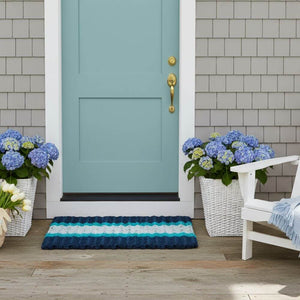 Front door with a Navy, Teal, Seafoam, Wicked Good Lobster Rope™ Doormat, Outdoor Mats