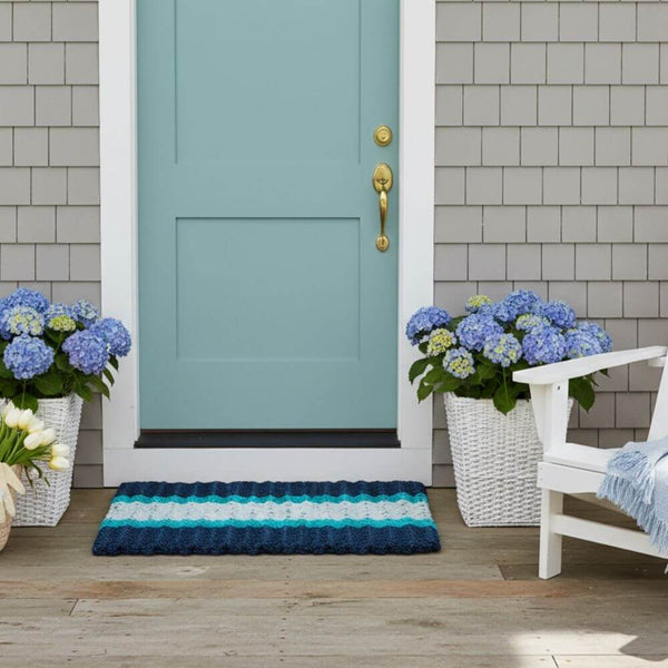 Front door with a Navy, Teal, Seafoam, Wicked Good Lobster Rope™ Doormat, Outdoor Mats