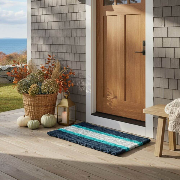 Front door with a Navy, Teal, Seafoam Striped doormat on a wooden deck, featuring decorative elements.