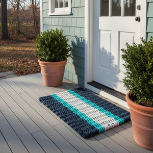 Navy, Teal, Seafoam Striped Doormat, Wooden Deck with Potted Plants, Front Door