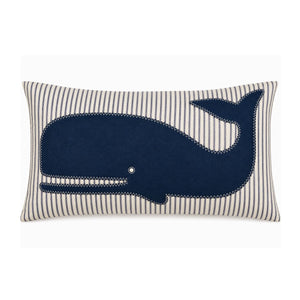 Navy Whale Pillow, Nautical Pillows, Beach Home Decor, Handstitched Lumbar Pillow, Wool Blend Felt Appliqué, Navy and White Ticking Stripe, Heavyweight Cotton Canvas Accent Pillow