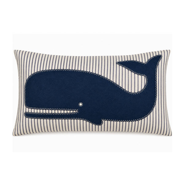 Navy Whale Pillow, Nautical Pillows, Beach Home Decor, Handstitched Lumbar Pillow, Wool Blend Felt Appliqué, Navy and White Ticking Stripe, Heavyweight Cotton Canvas Accent Pillow
