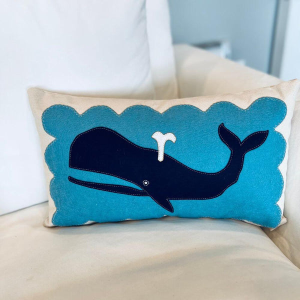Navy Whale On Blue Scallop Pillow, 14 x 21, Handstitched, Heavyweight Cotton Canvas