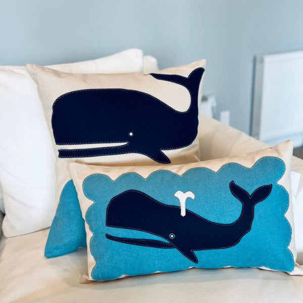 Navy Whale On Blue Scallop Pillow, 14 x 21, Handstitched, Heavyweight Cotton Canvas