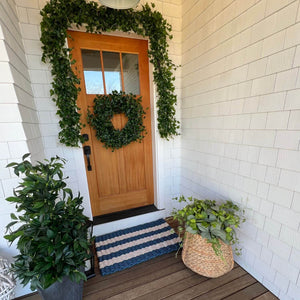 Welcome Mat for Outdoors, Wicked Good Lobster Rope Doormat in Navy & Light Tan Cabana Stripes