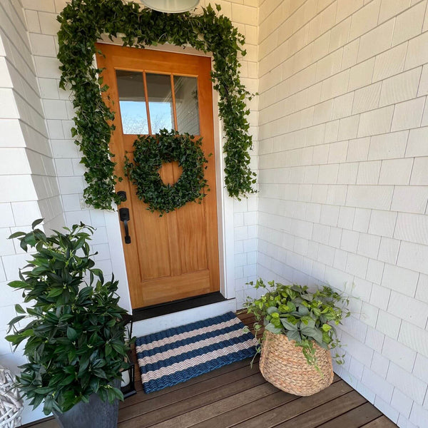 Welcome Mat for Outdoors, Wicked Good Lobster Rope Doormat in Navy & Light Tan Cabana Stripes