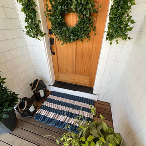 Front Door Mats Outdoor, Lobster Rope Doormats in Navy & Light Tan Cabana Stripes Outdoor Mat