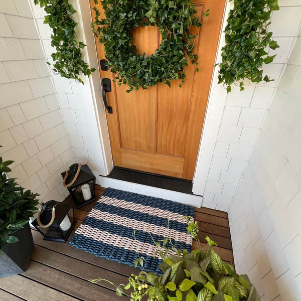 Front Door Mats Outdoor, Lobster Rope Doormats in Navy & Light Tan Cabana Stripes Outdoor Mat