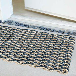 Lobster Rope Doormats, Outdoor Door Mats, Wicked Good Door Mats Made in Maine, Navy & Light Tan Double Weave, Angled View in Front Door