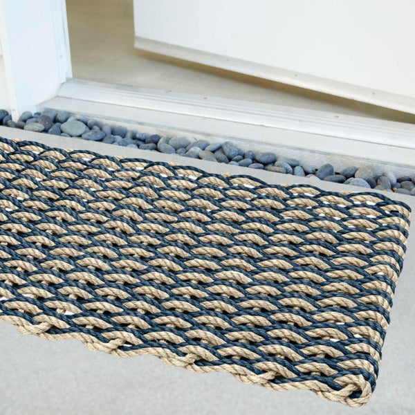 Lobster Rope Doormats, Outdoor Door Mats, Wicked Good Door Mats Made in Maine, Navy & Light Tan Double Weave, Angled View in Front Door