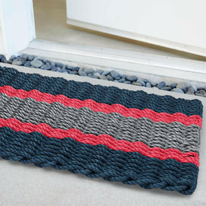 Lobster Rope Doormats, Outdoor Door Mats, Wicked Good Door Mats Made in Maine, Navy, Red, Silver, Angled View in Front Door