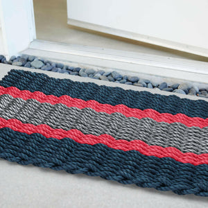 Lobster Rope Doormats, Outdoor Door Mats, Wicked Good Door Mats Made in Maine, Navy, Red, Silver, Close Up View in Front Door