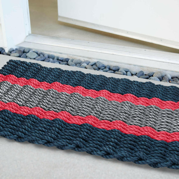 Lobster Rope Doormats, Outdoor Door Mats, Wicked Good Door Mats Made in Maine, Navy, Red, Silver, Close Up View in Front Door